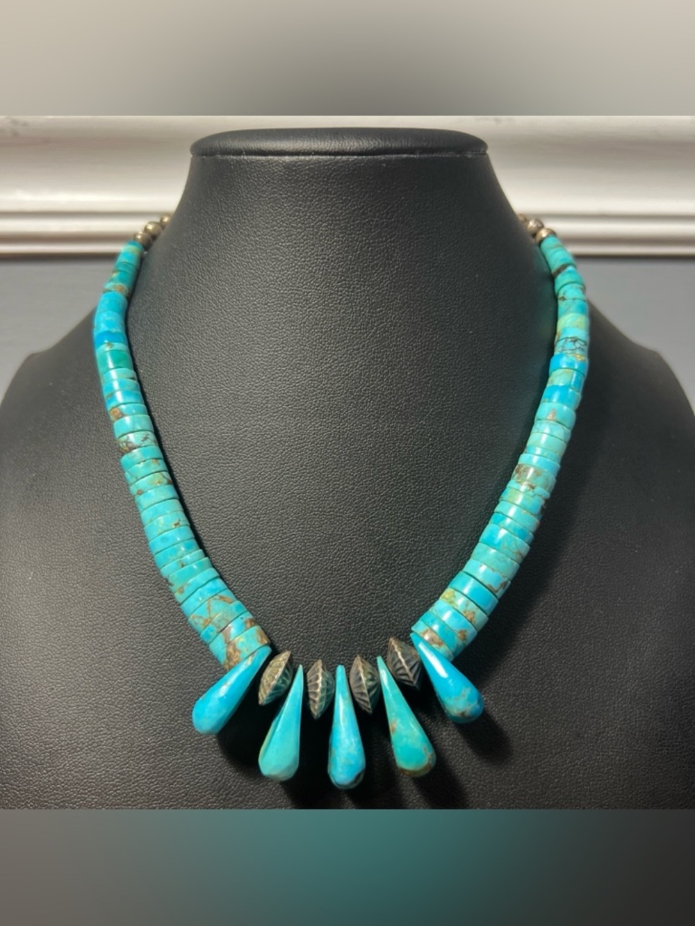Vintage Southwest Turquoise Heshi with Corn Sterling Silver Beads 16” Necklace